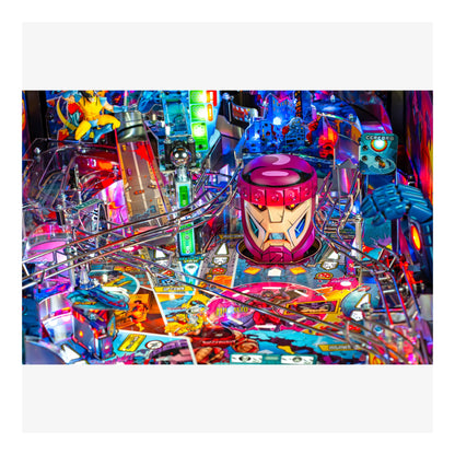 Colorful pinball machine with various lights and players in action