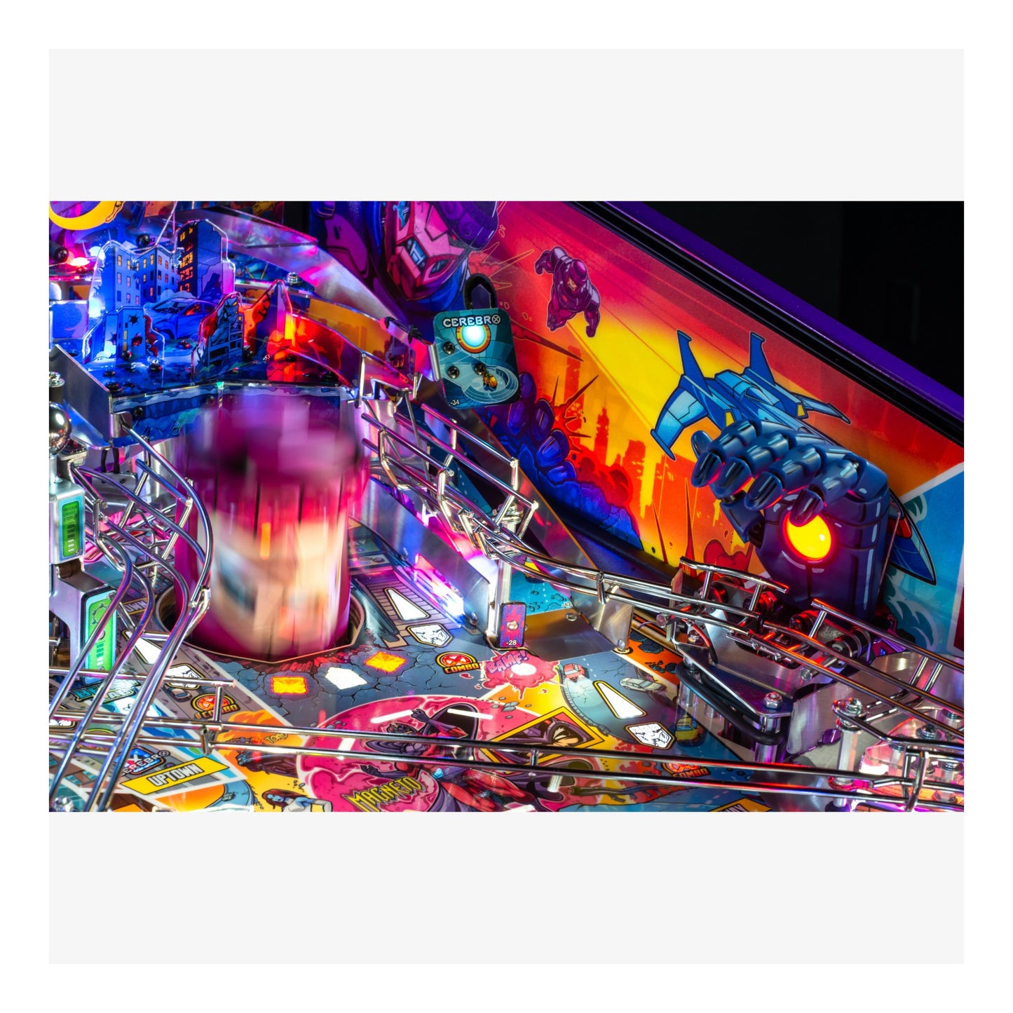 Colorful pinball machine with vibrant graphics and lights