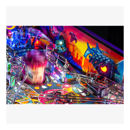 Colorful pinball machine with vibrant graphics and lights