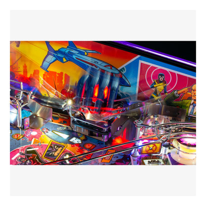 Close-up of a colorful pinball machine with vibrant graphics and lights.