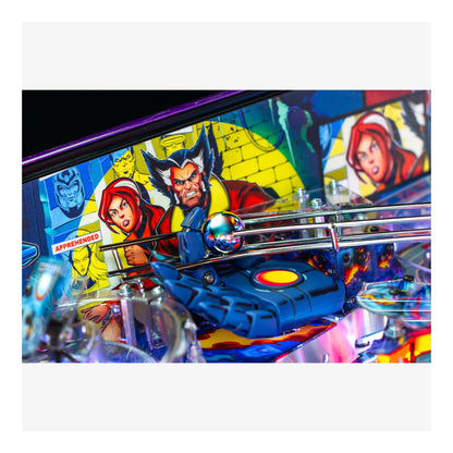 Pinball machine with colorful artwork featuring superhero characters.