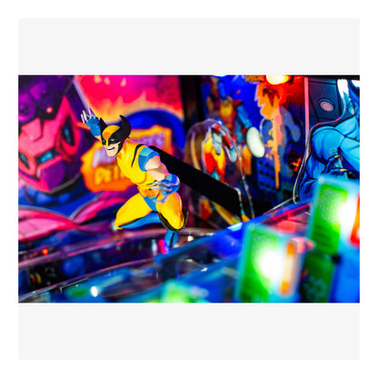 Pinball machine with superhero figure and colorful background