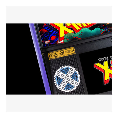 Close-up of a Marvel X-Men themed arcade machine panel with colorful graphics and branding.