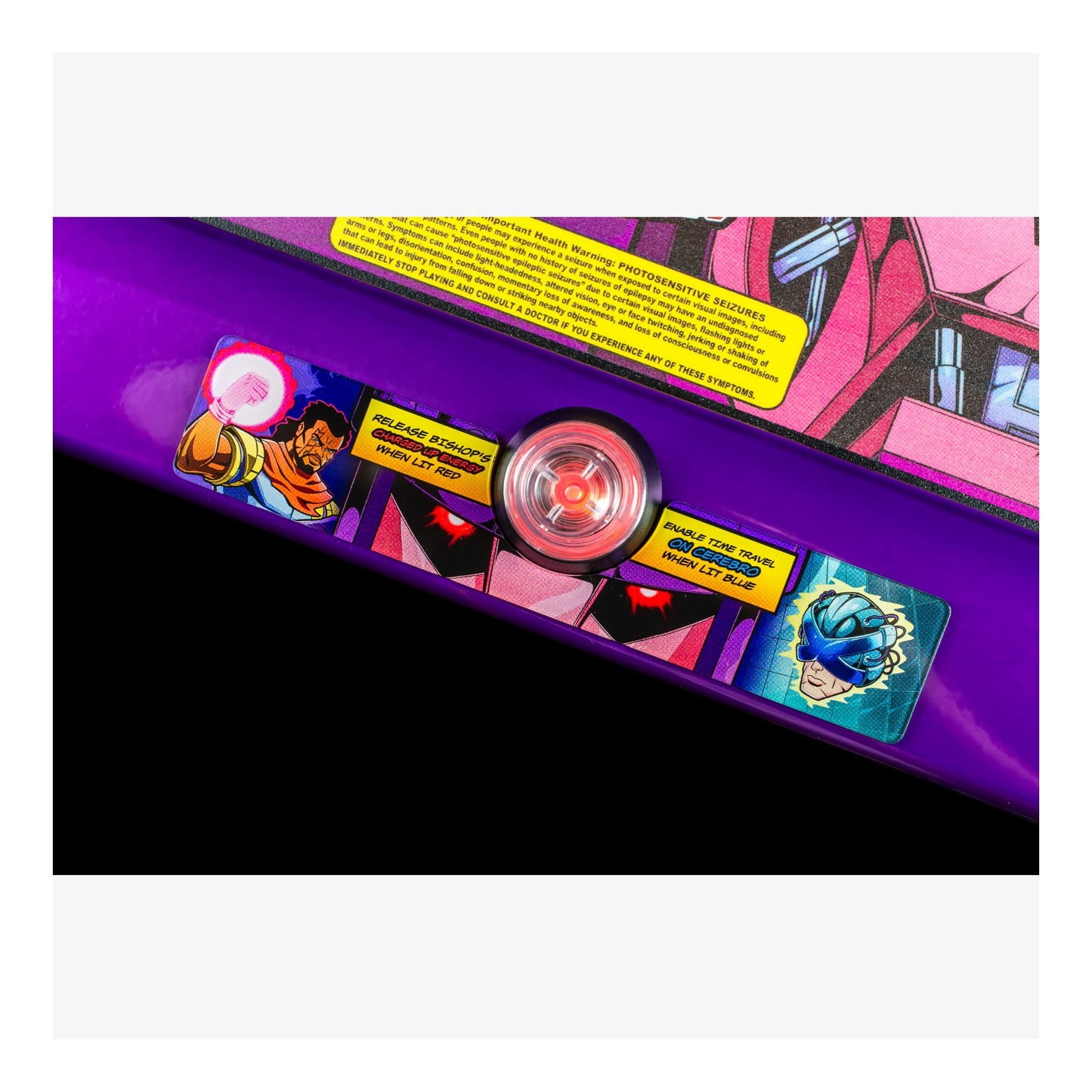 Close-up of a colorful product with various stickers and graphics on a purple background