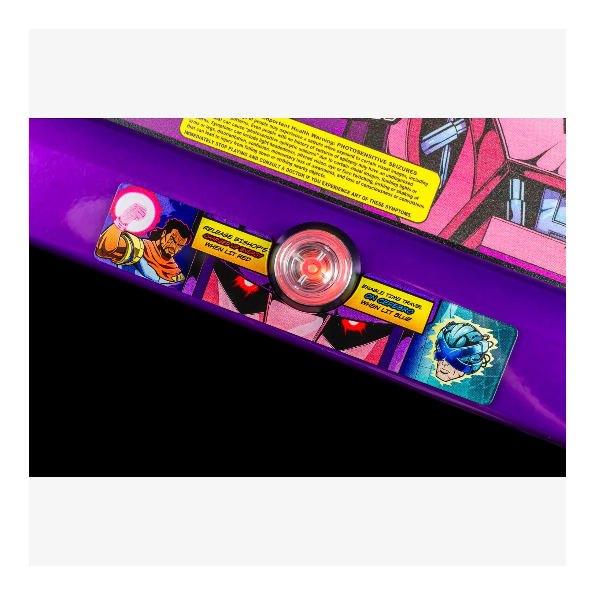 Close-up of a colorful product with various stickers and graphics on a purple background