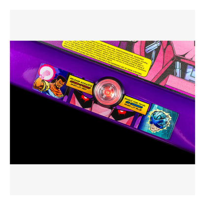 Close-up of a colorful product with various stickers and graphics on a purple background