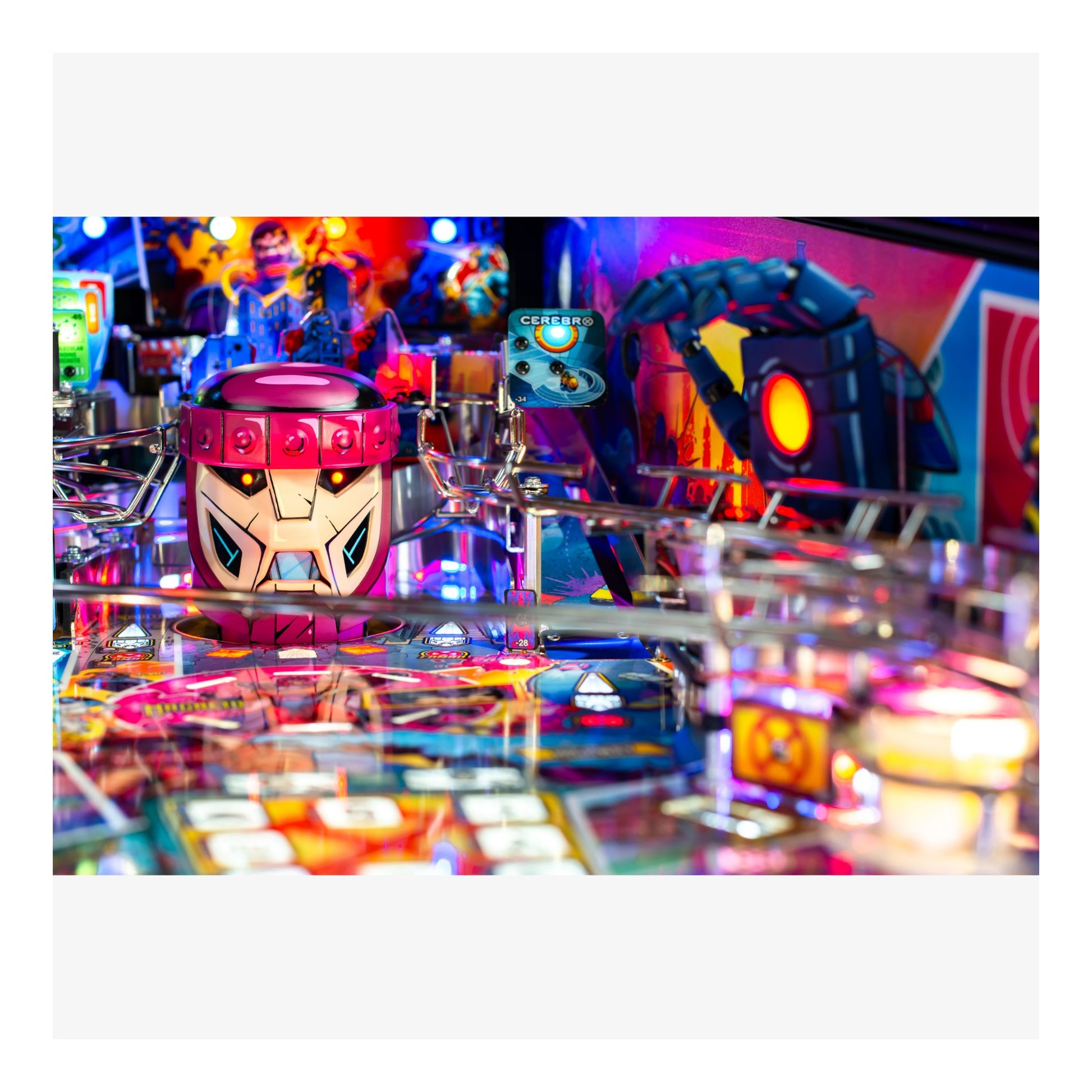 Colorful pinball machine with various elements and lights