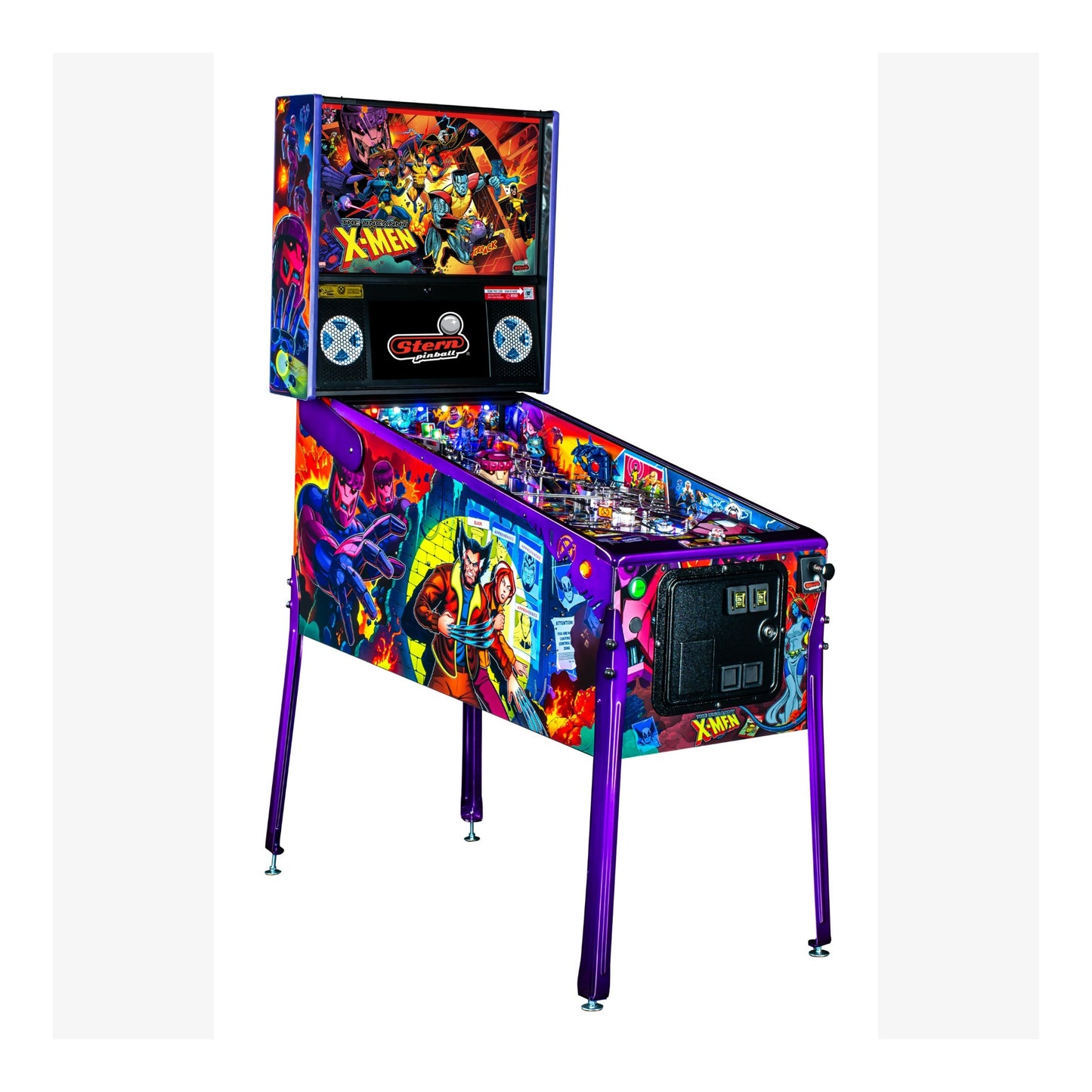 Colorful pinball machine with X-Men theme on a white background