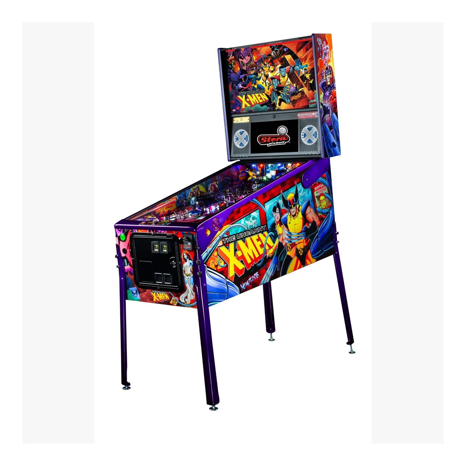 Pinball machine with X-Men theme on a white background