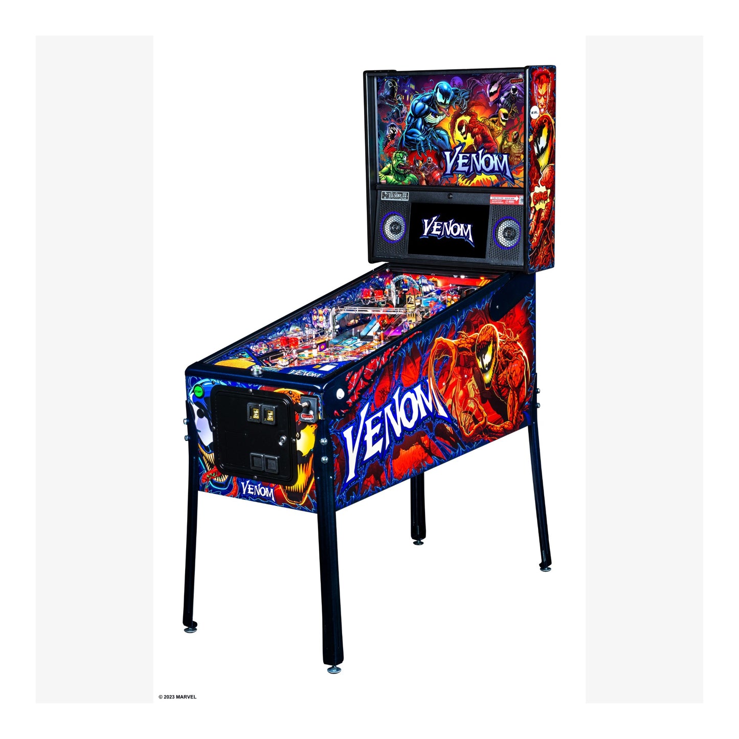 Pinball machine with 'Venom' theme on a white background