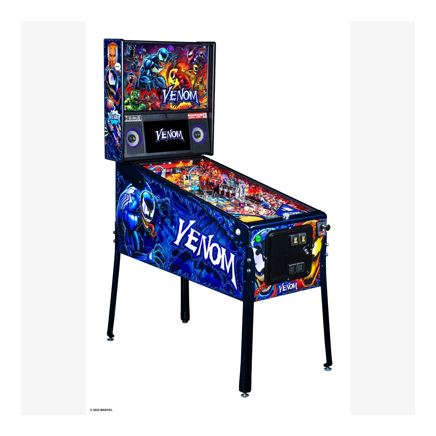 Pinball machine themed after the 'Venom' character with colorful graphics and branding.
