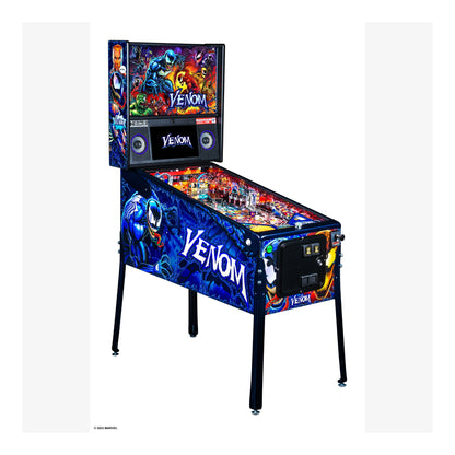Pinball machine themed after the 'Venom' character with colorful graphics and branding.