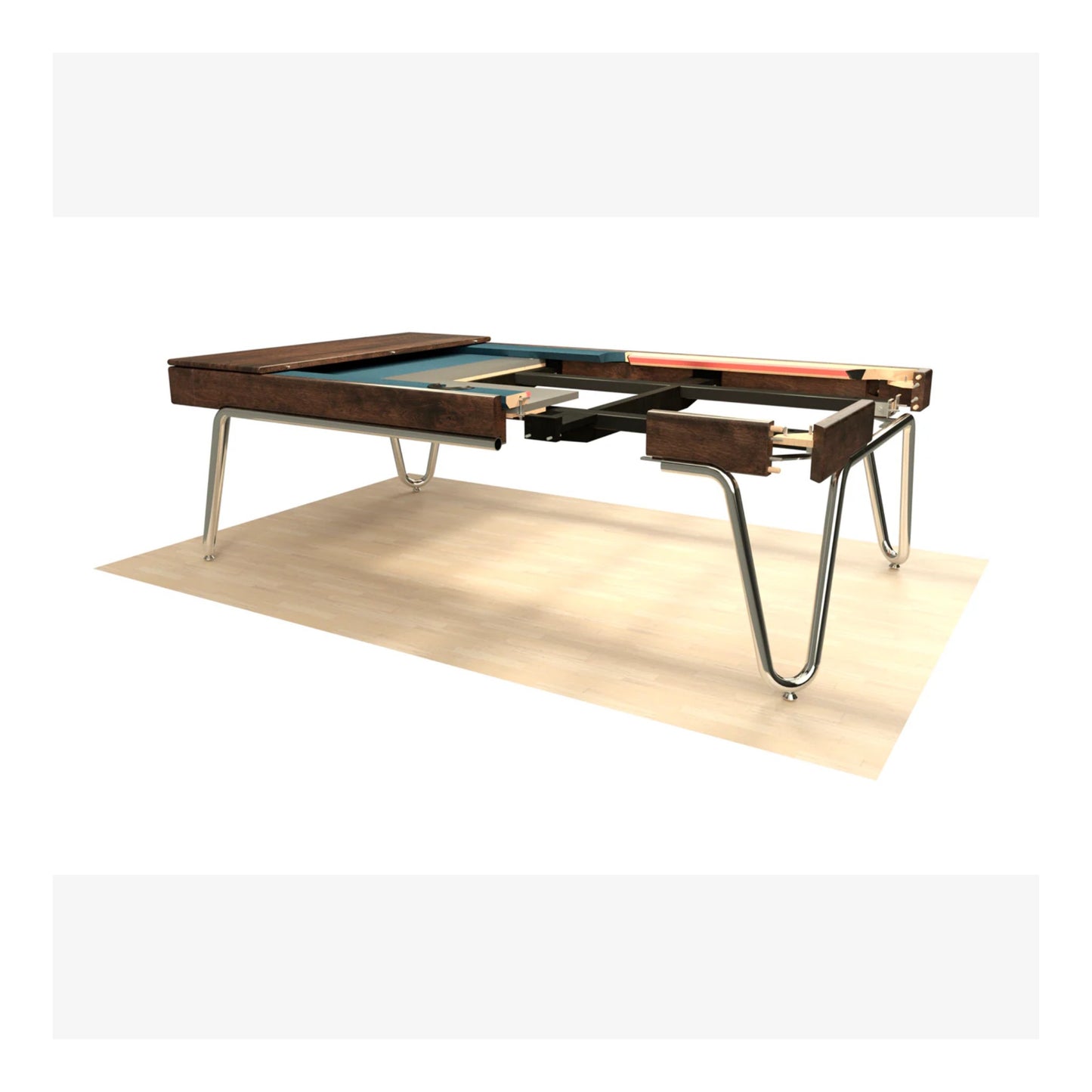 Multi-game table with billiards, darts, and shuffleboard on a white background