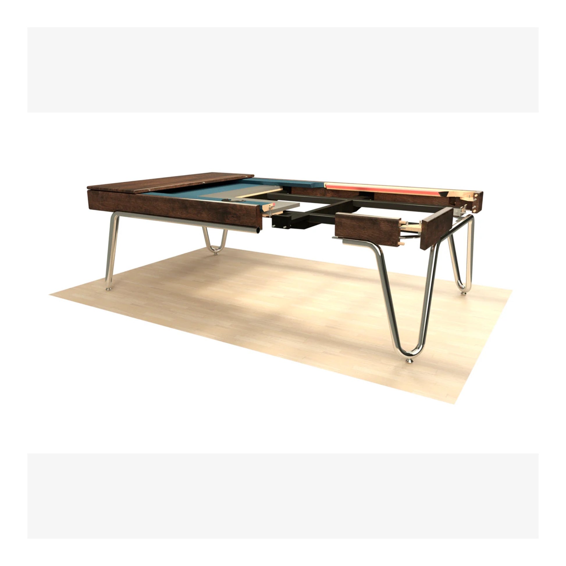 Multi-game table with billiards, darts, and shuffleboard on a white background