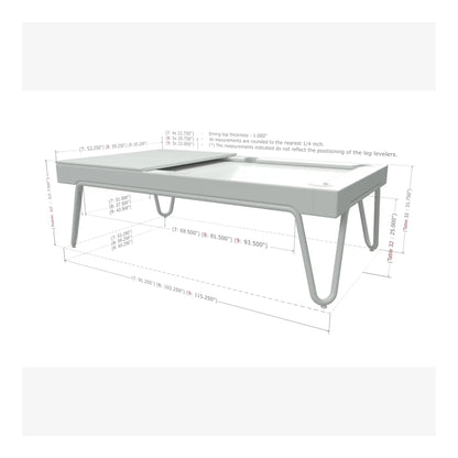 Rectangular glass table with metal legs on a white background, showing dimensions.