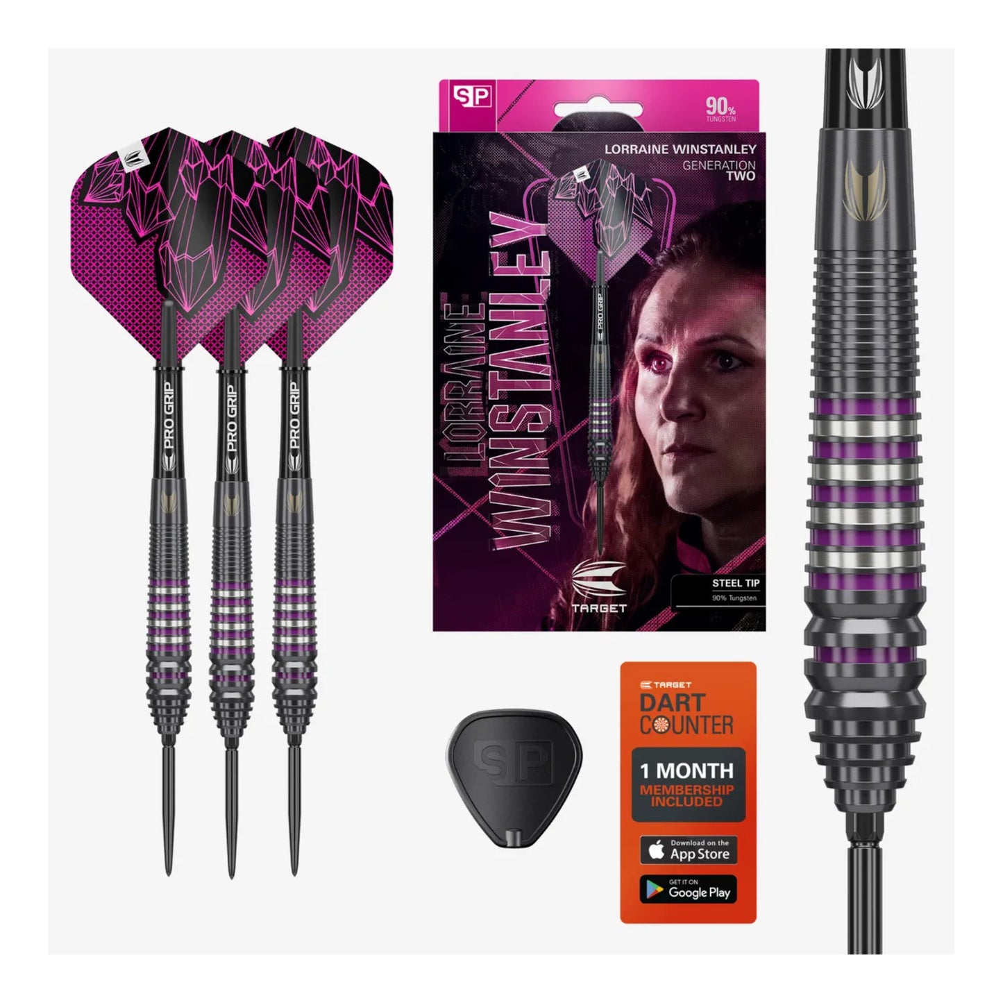 Full view of the Lorraine Winstanley G2 darts packaging box featuring player imagery and Swiss Point branding.