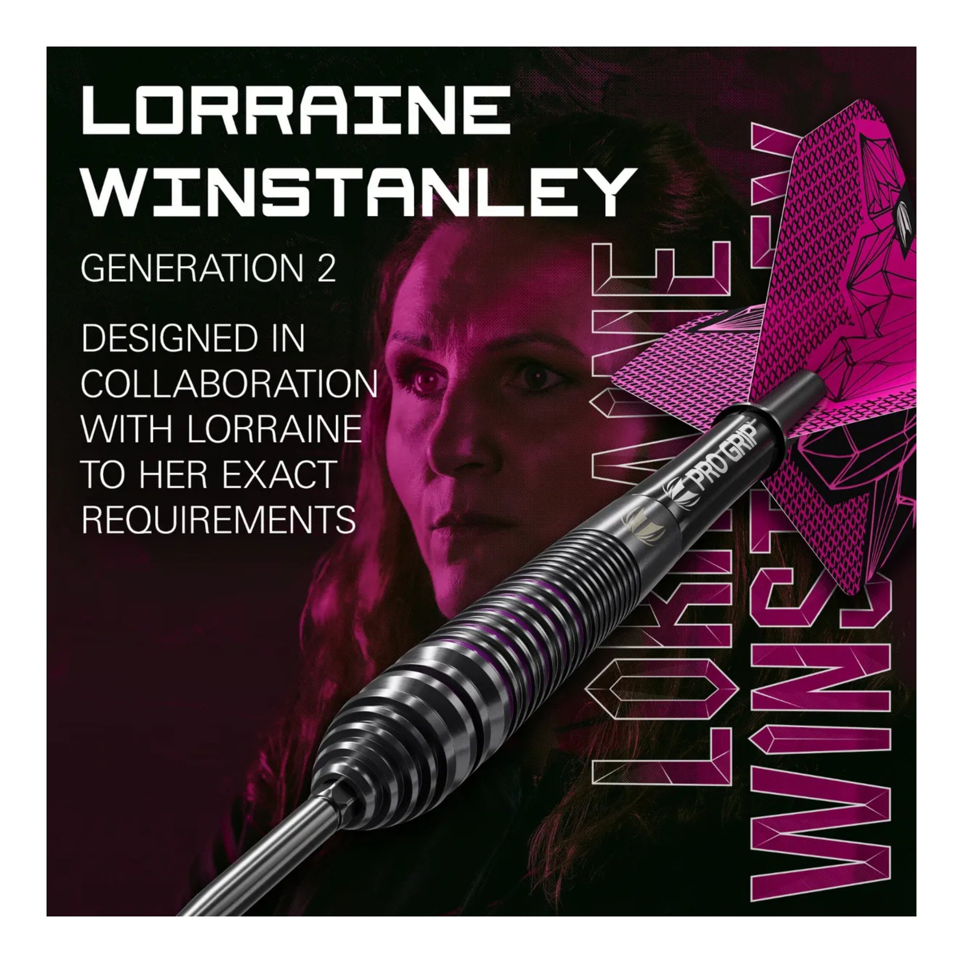 Artistic shot of the Lorraine Winstanley G2 SP darts highlighting the tapered barrel profile and elegant finish.