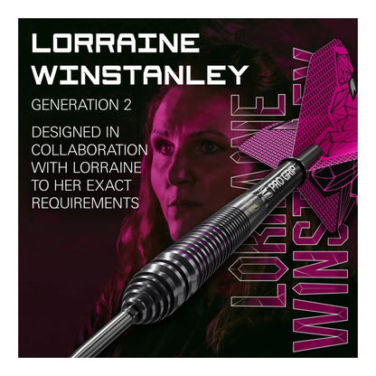 Artistic shot of the Lorraine Winstanley G2 SP darts highlighting the tapered barrel profile and elegant finish.