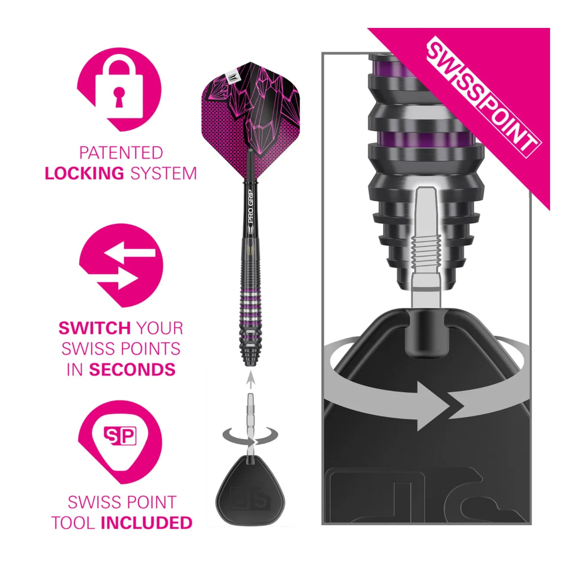 Lorraine Winstanley G2 dart with Swiss Point technology and packaging on a white background