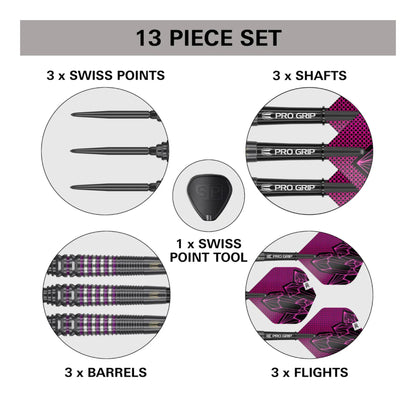 Complete packaging set of Target Darts Lorraine Winstanley G2 SP including barrels, flights, shafts, and Swiss Point tool.