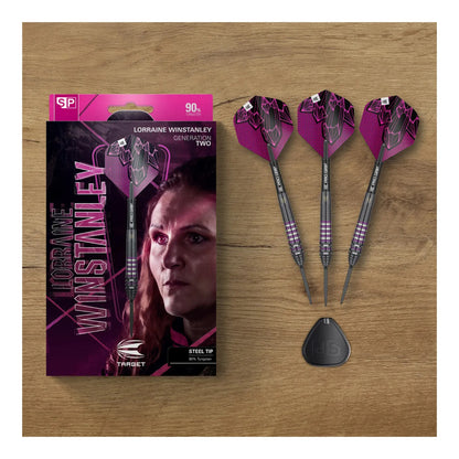 Complete packaging set of Target Darts Lorraine Winstanley G2 SP including barrels, flights, shafts, and Swiss Point tool.