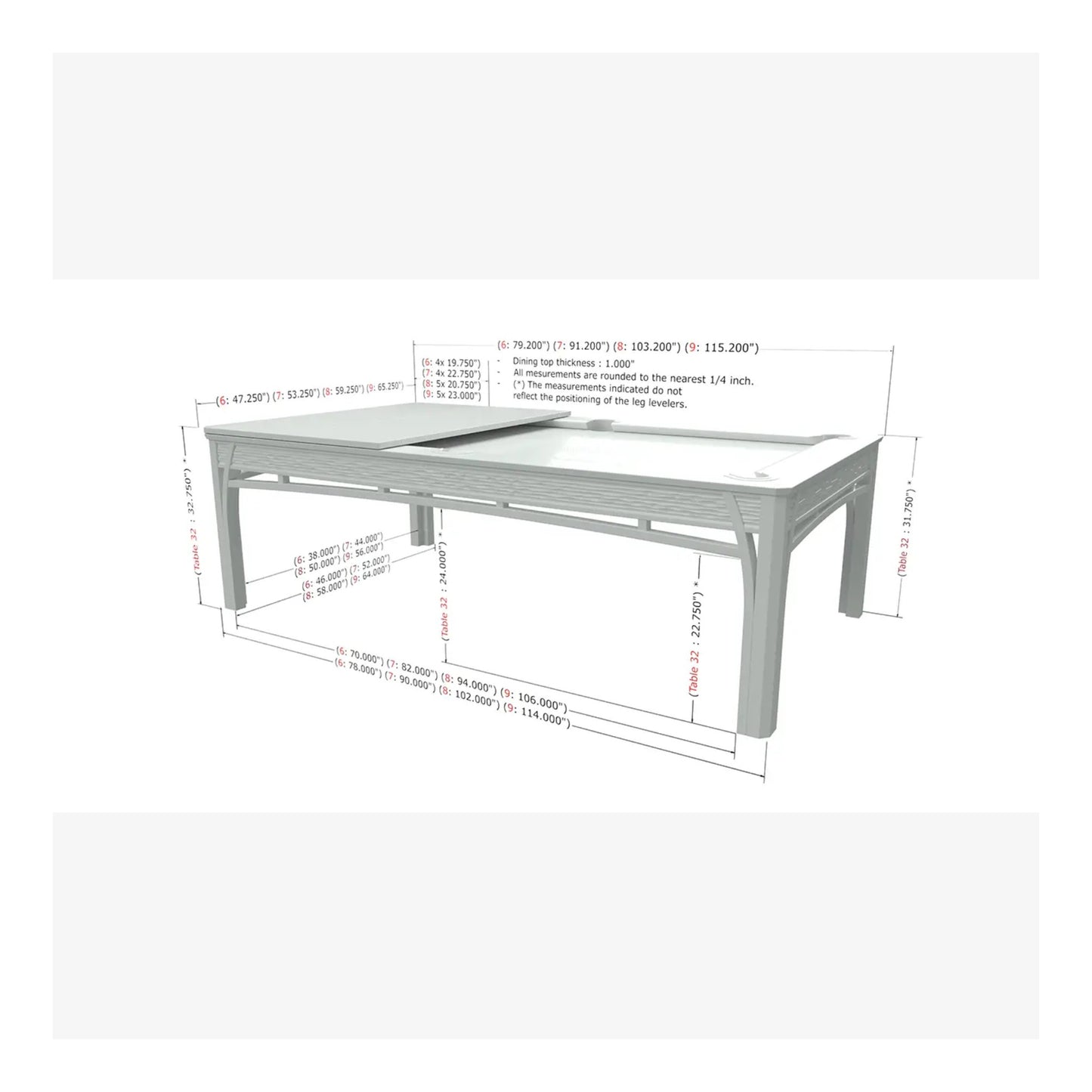 Measurement chart for a rectangular table with dimensions labeled
