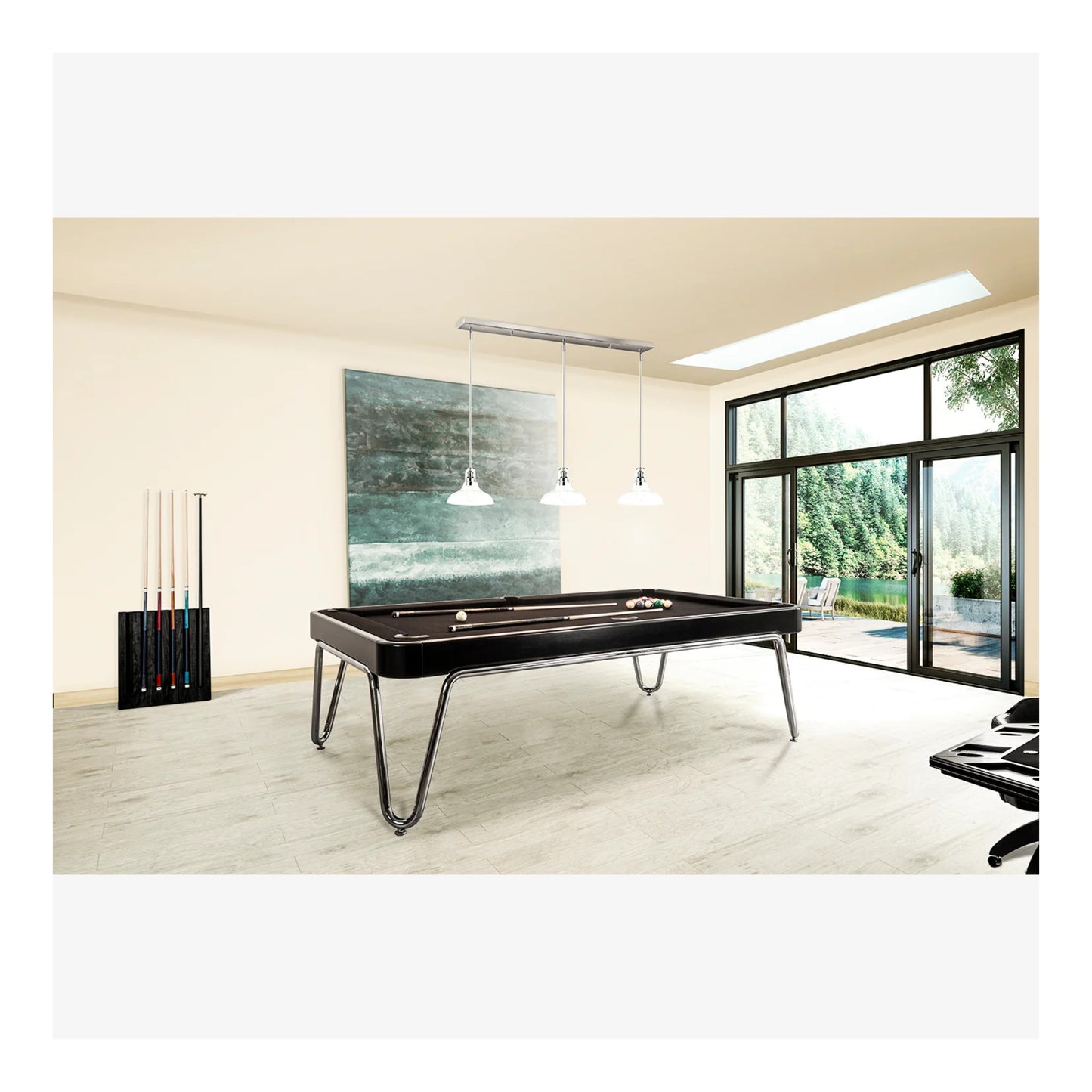 Modern pool table in a room with large windows and a view of greenery