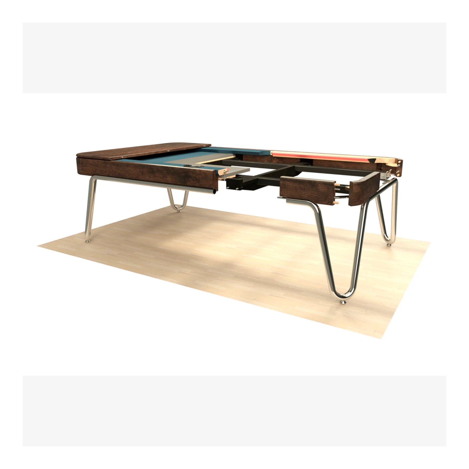 Wooden table with metal legs on a white background