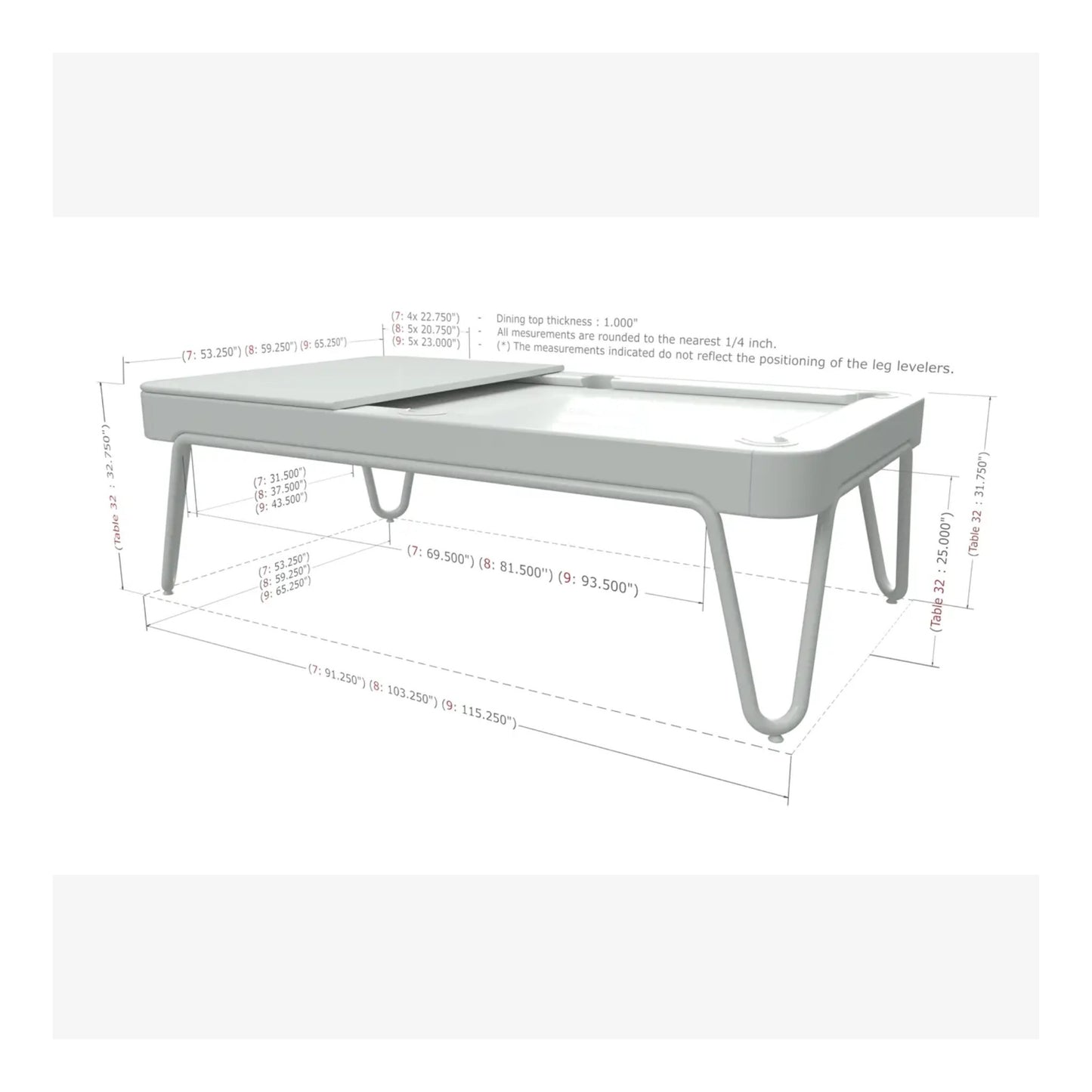 Measurement chart of a rectangular table with dimensions labeled