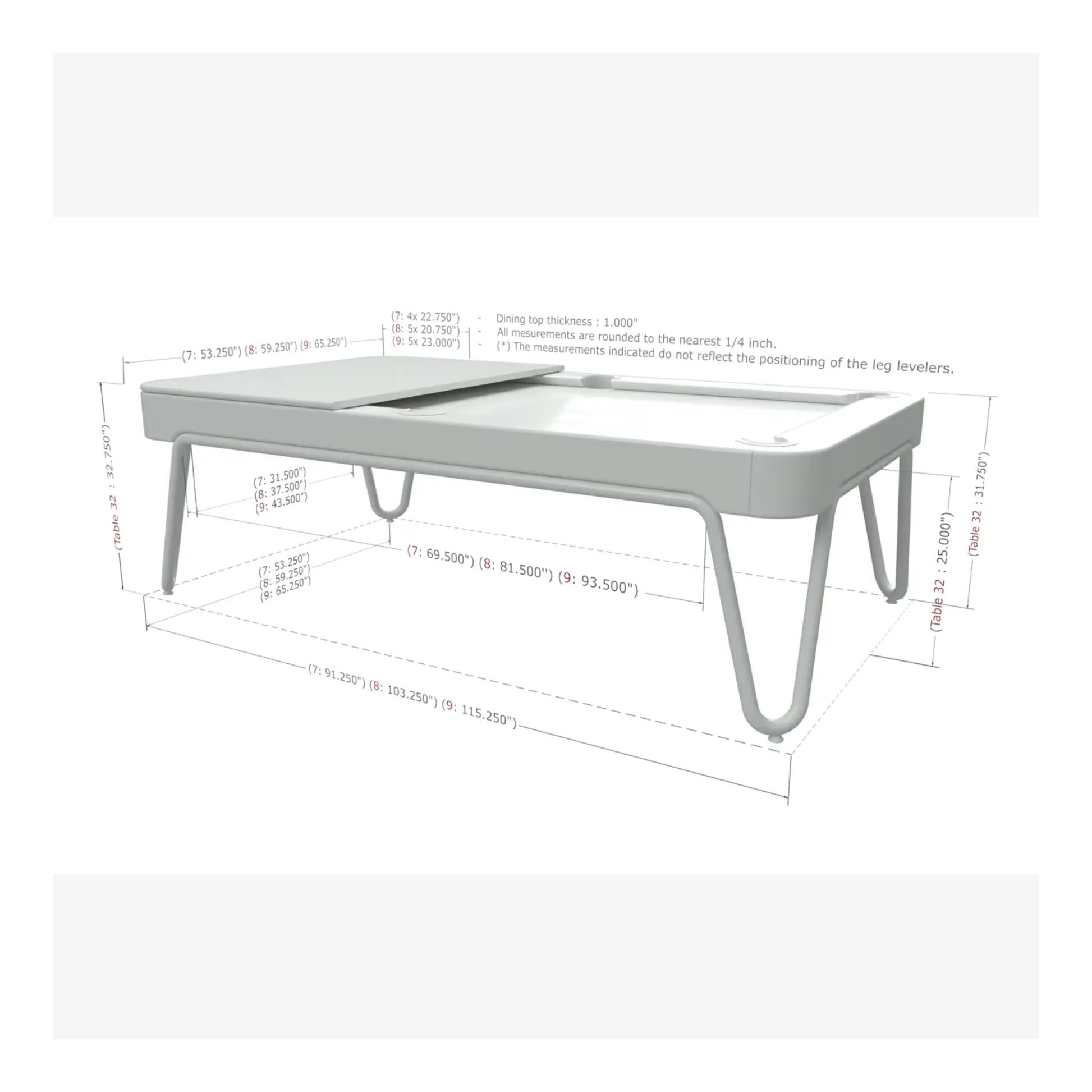Measurement chart of a rectangular table with dimensions labeled