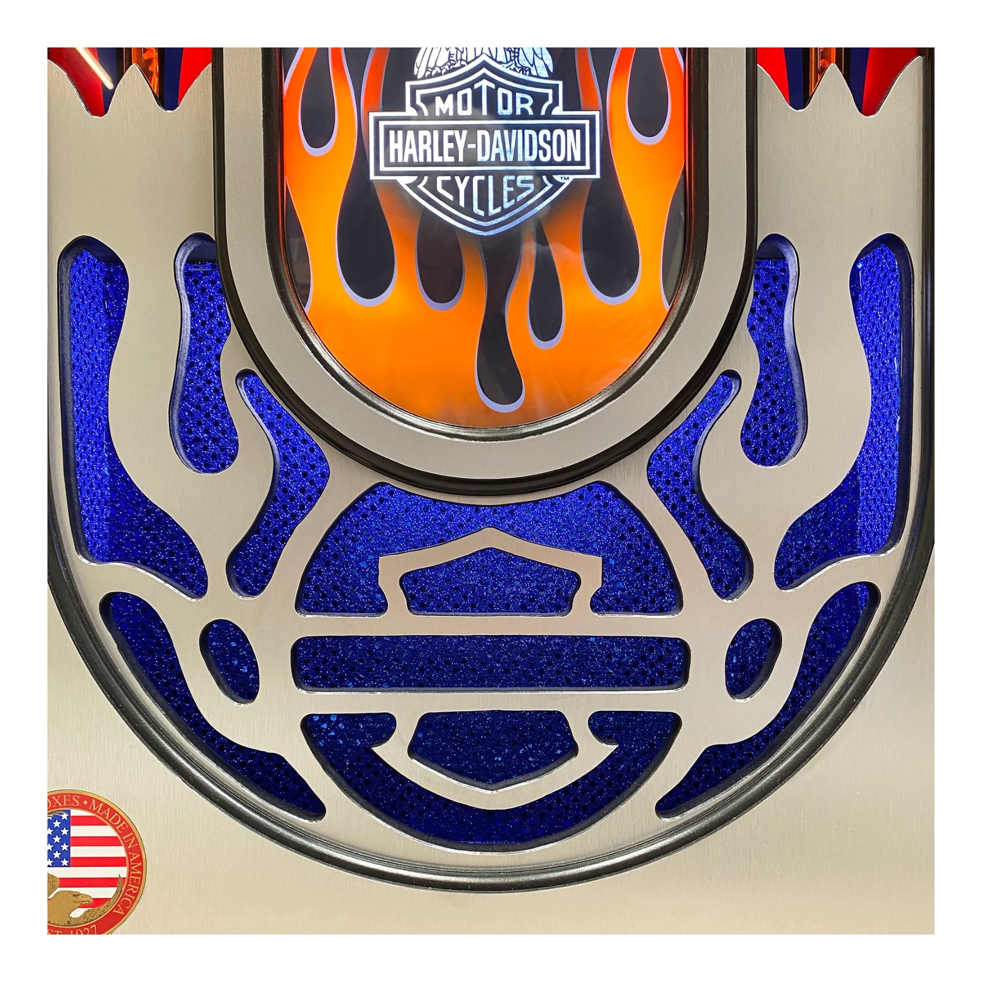 Harley-Davidson motorcycle disc with blue flames and American flag on beige background