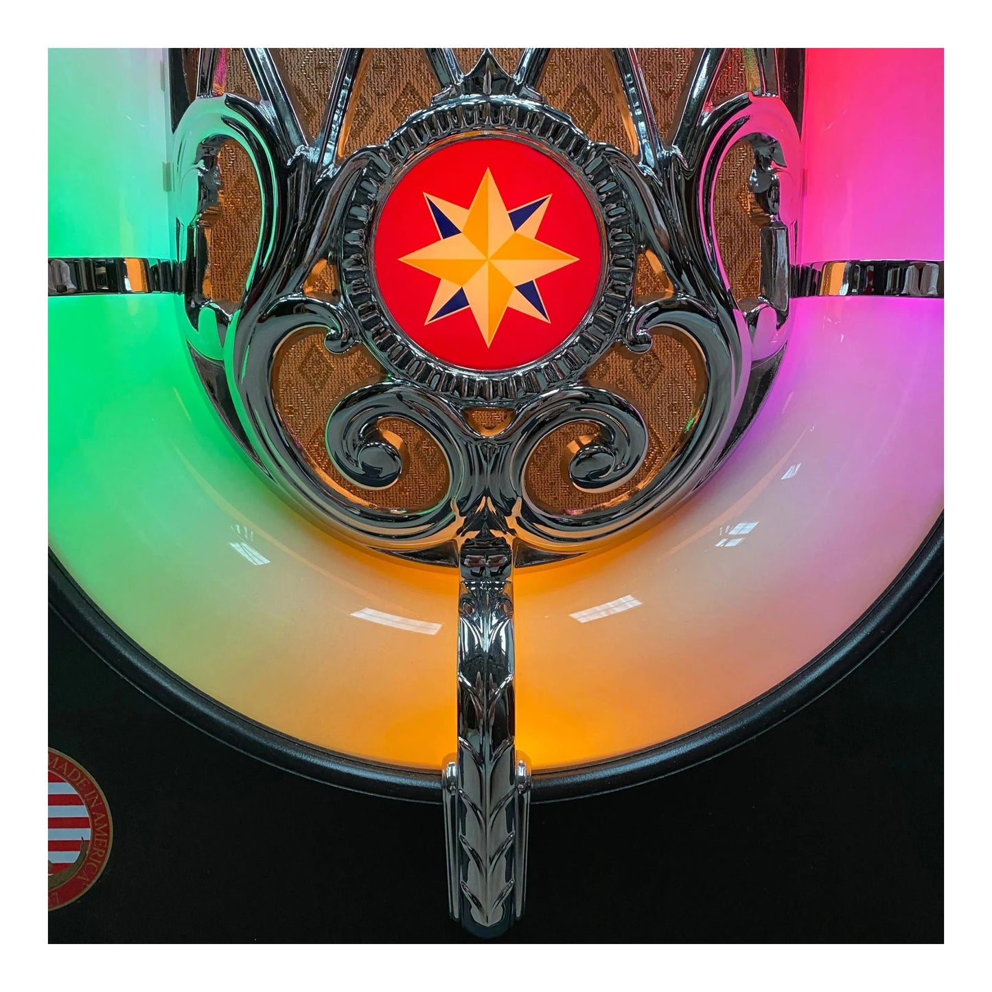 Decorative item with a star design on a colorful background