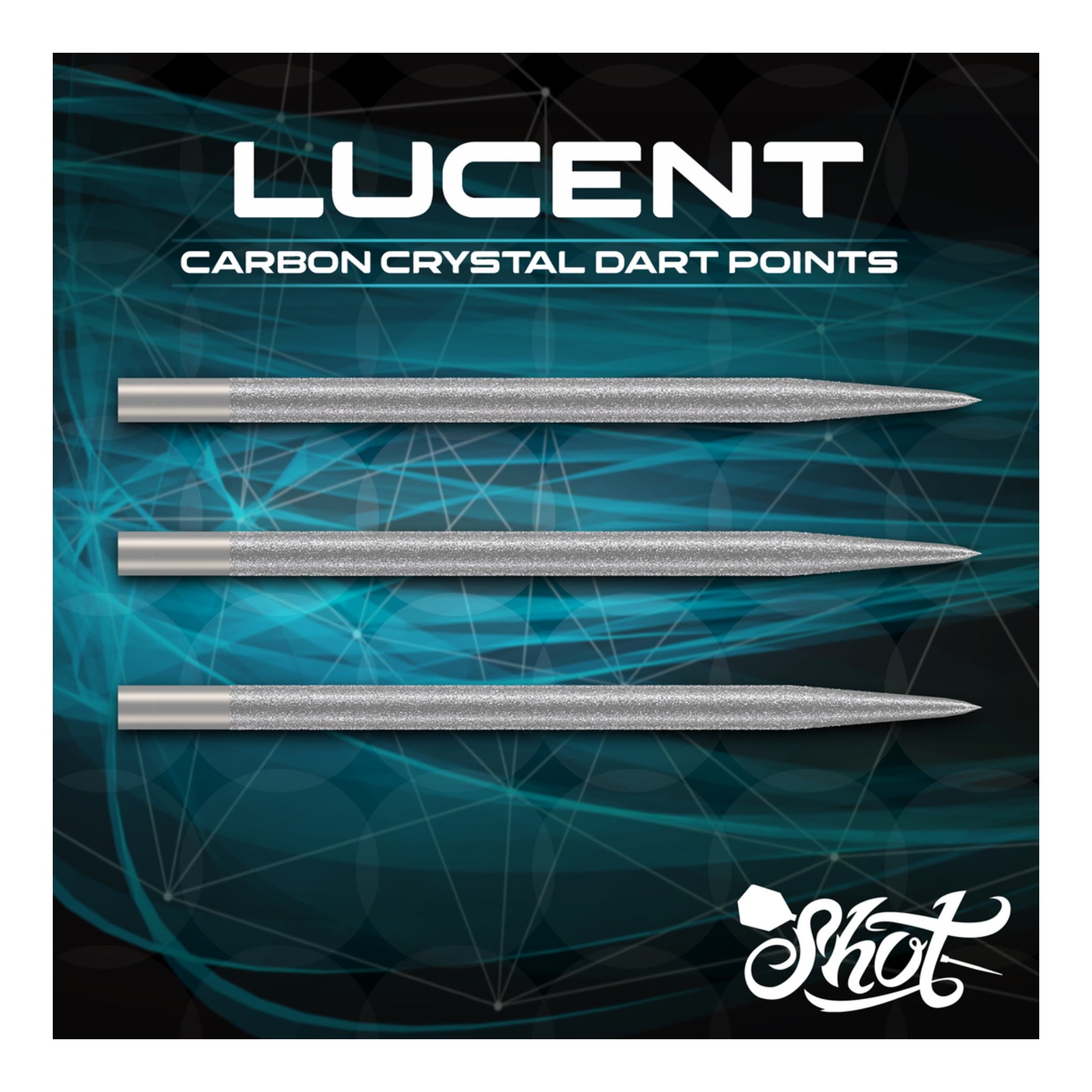 Lucent Carbon Crystal Dart Points packaging with three dart points on a blue and black geometric pattern background.