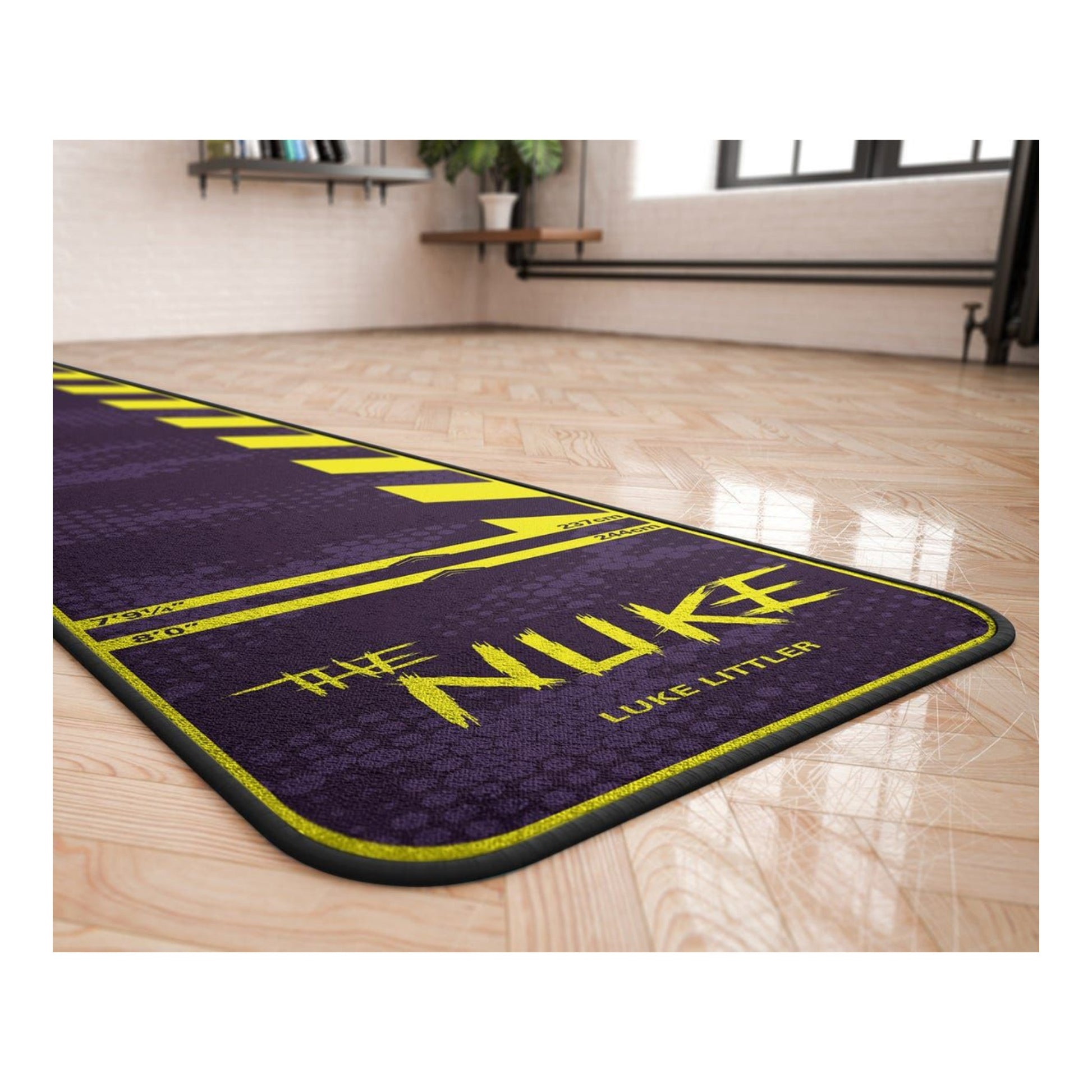 Luke Littler official purple and yellow dart mat in a room