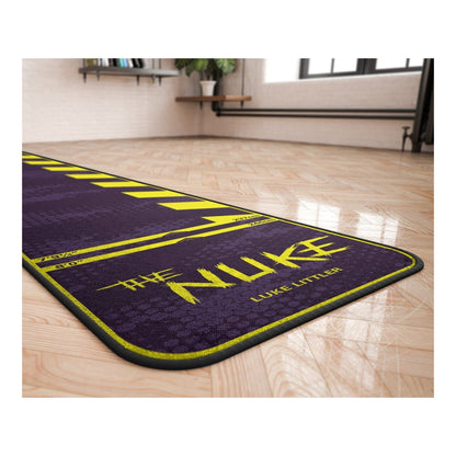 Luke Littler official purple and yellow dart mat in a room