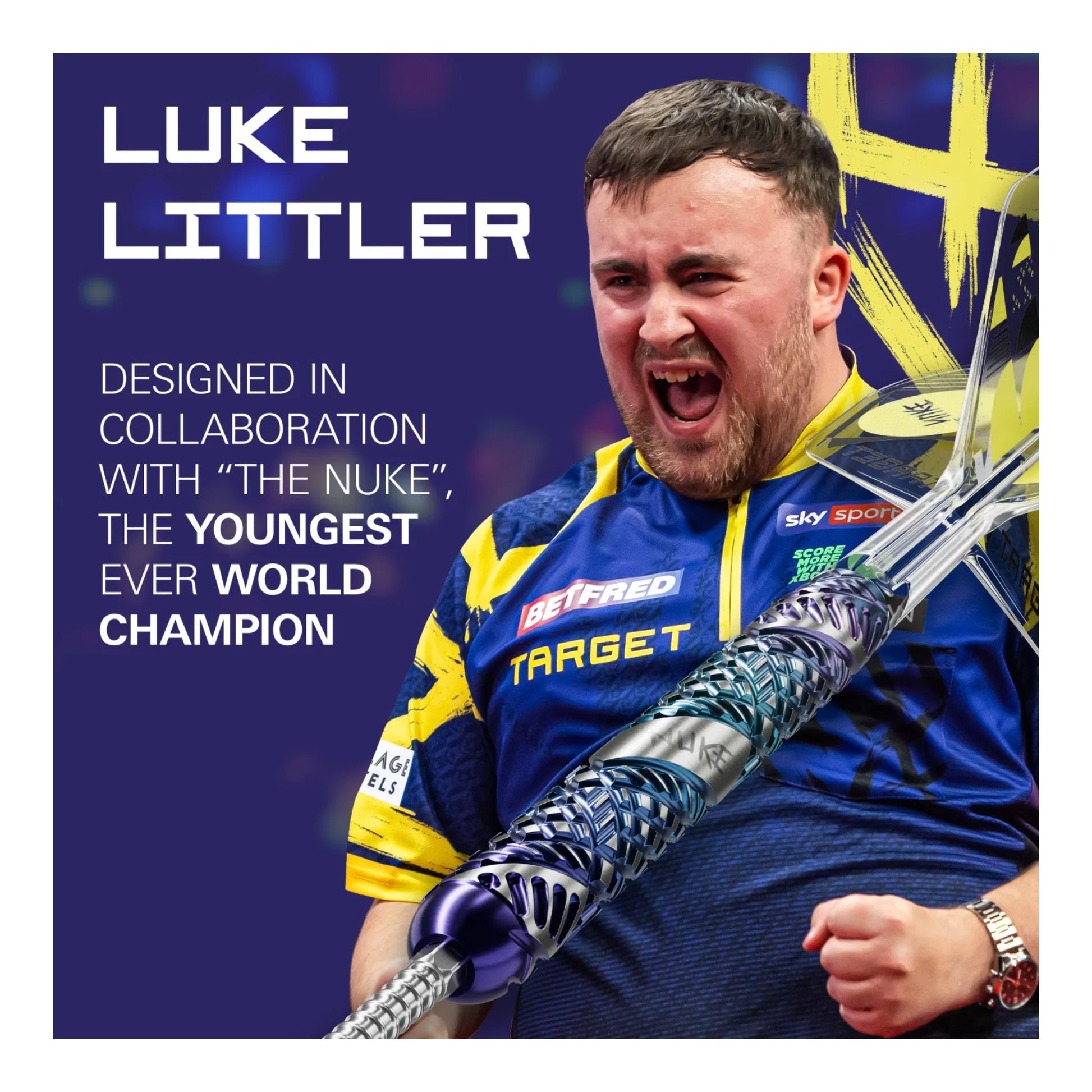 Close-up of the Luke Littler "NUKE" laser etching on the 95% Tungsten dart barrel.