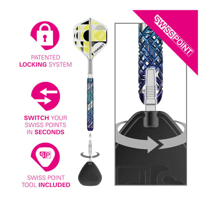 Swiss Point dart system with patent lock, switch mechanism, and tool on a white background