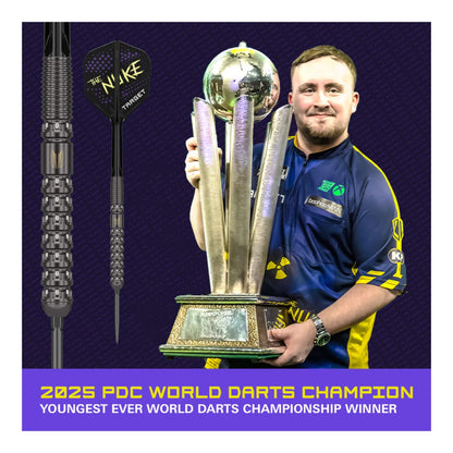 Luke Littler holding World Darts Champion Trophy