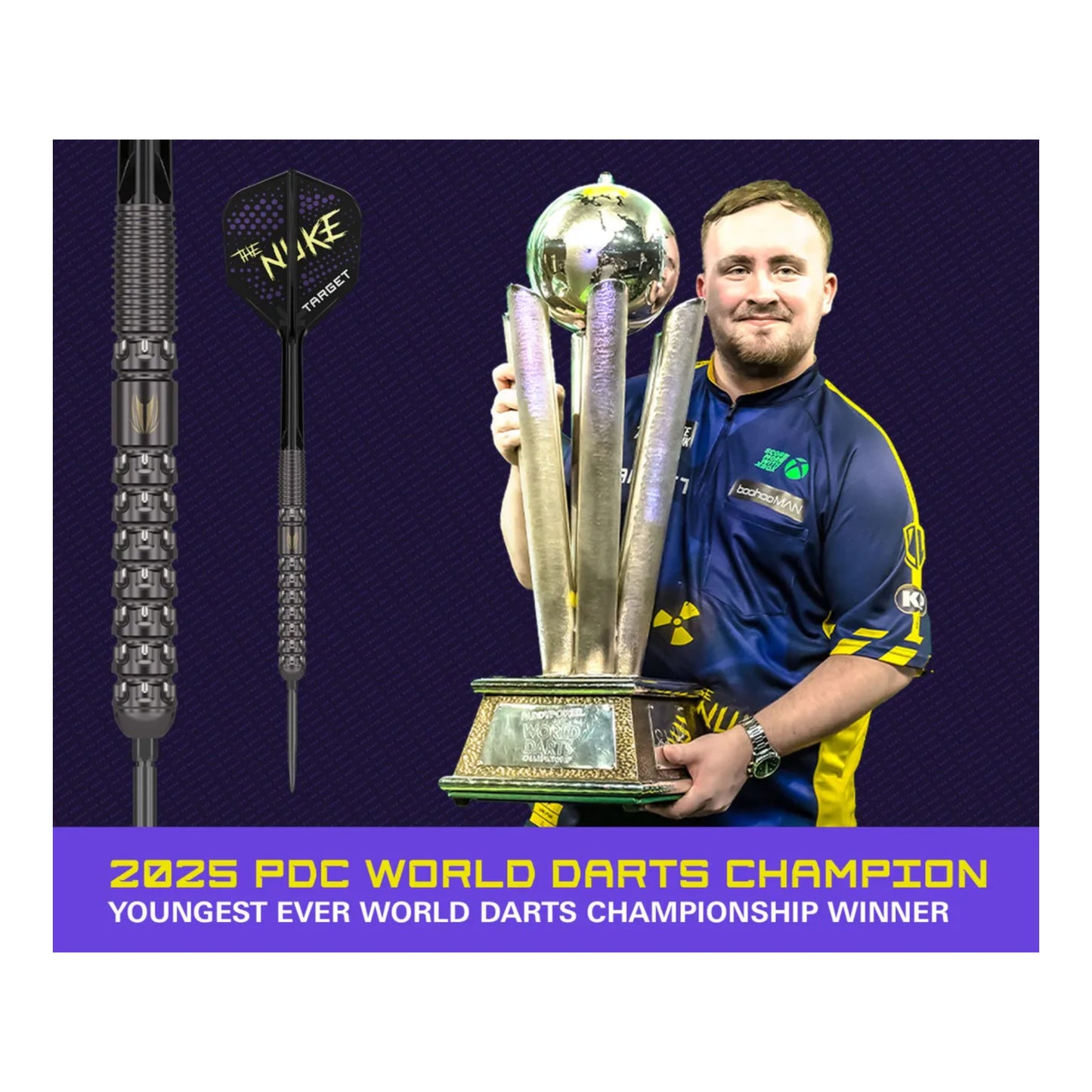 Luke Littler holding a trophy with darts and 'Nuke' branding on a dark background