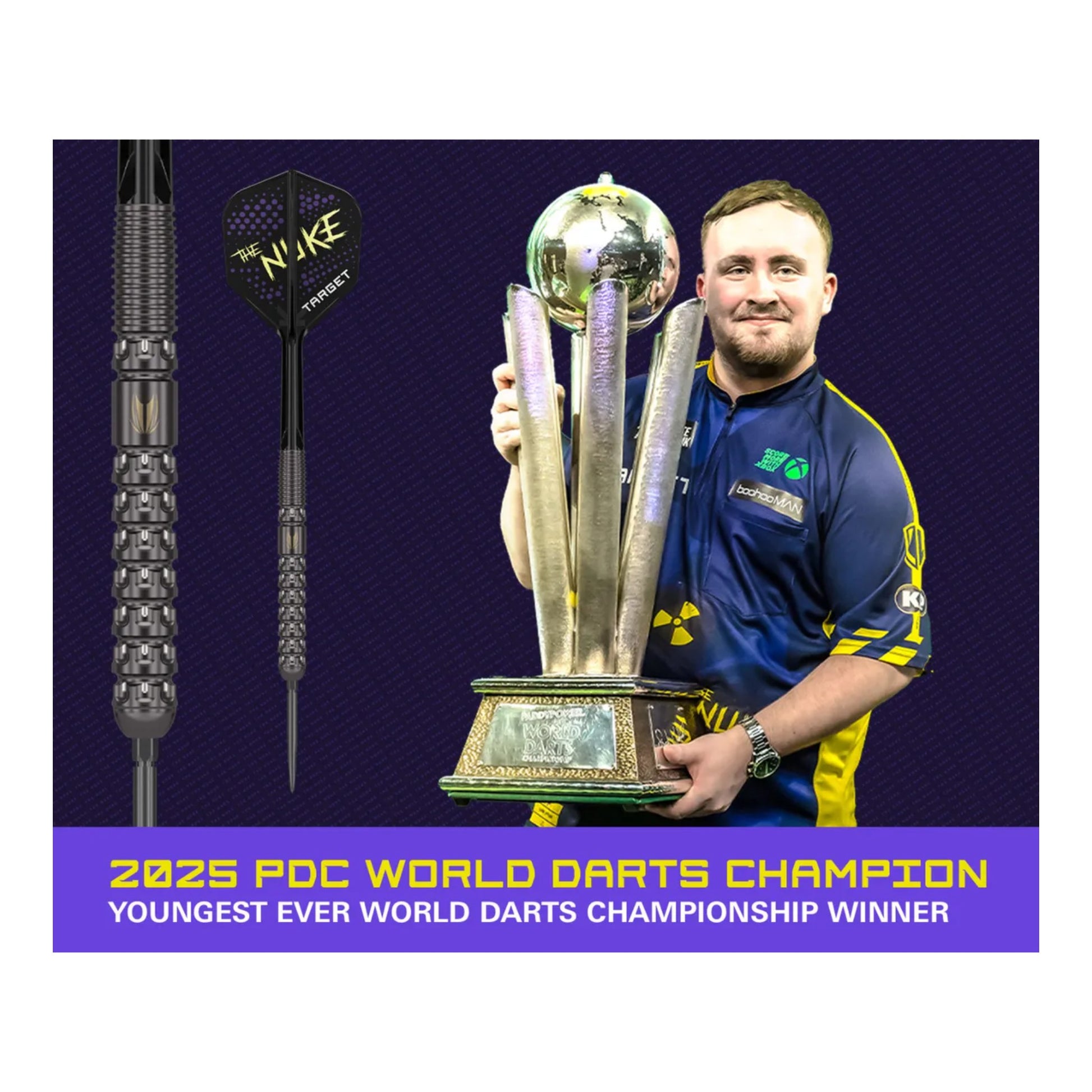 Luke Littler holding a trophy with darts and 'Nuke' branding on a dark background