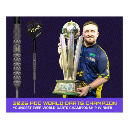 Luke Littler holding a trophy with darts and 'Nuke' branding on a dark background