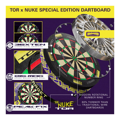 Tor Dartboard featuring yellow logo and 215-MDG Sisal surface