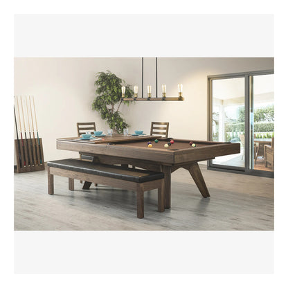 Wooden dining table with pool table conversion top in a modern living room.