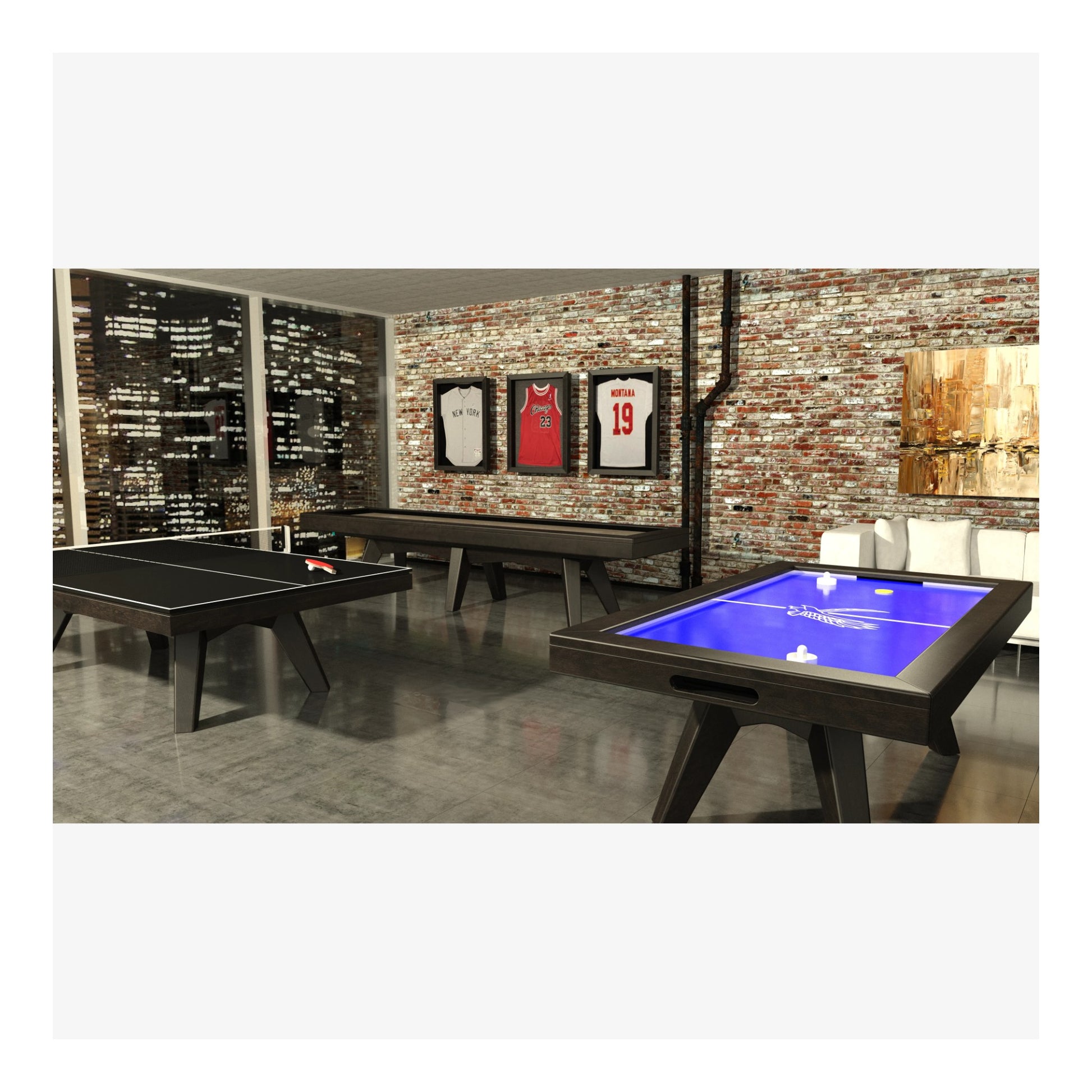 Game room with pool table, ping pong table, and sports jerseys on a brick wall.