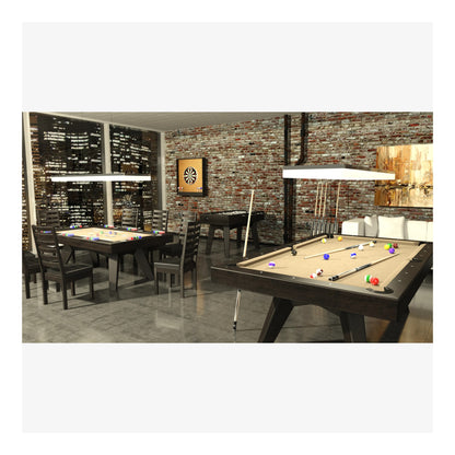 Game room with pool table, dining table, and chairs against a brick wall.