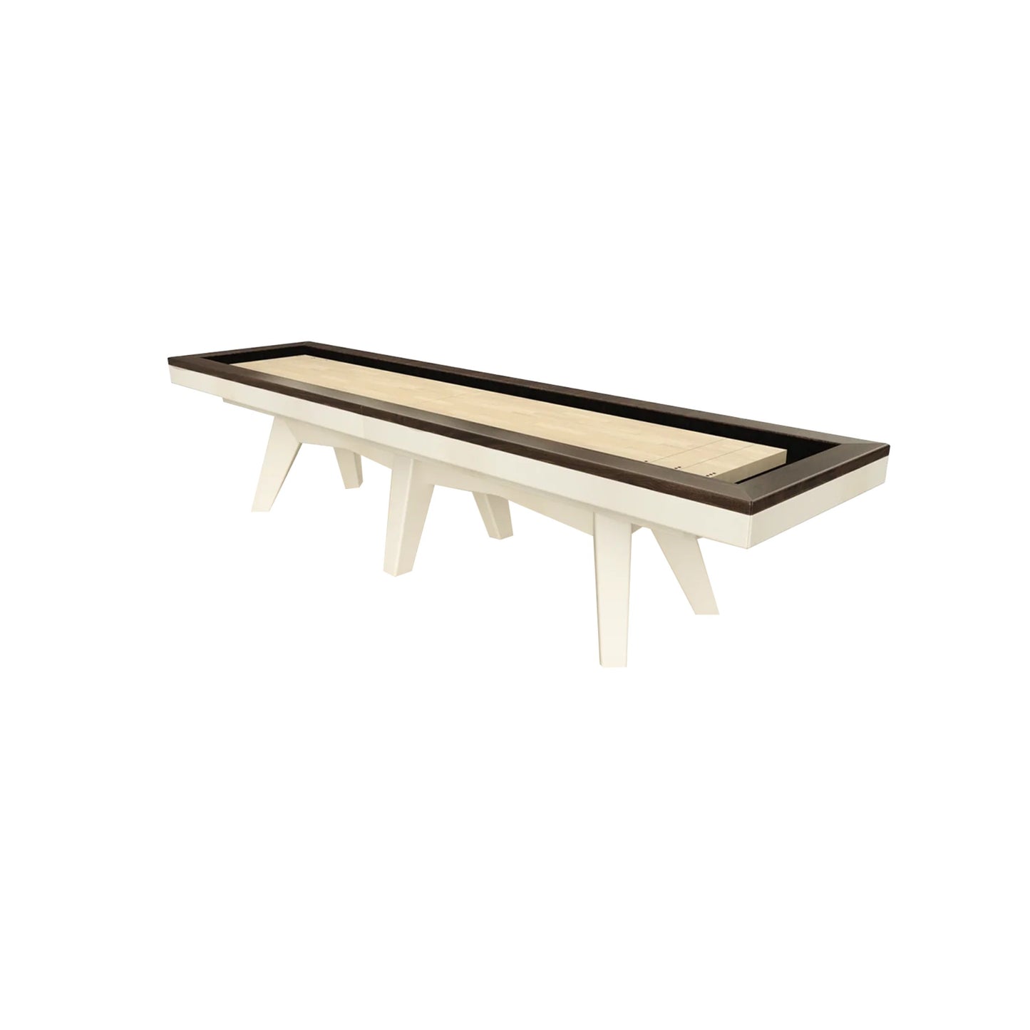 Luxx Duo Shuffleboard Table with two-tone white birch and walnut finish in a modern game room setting