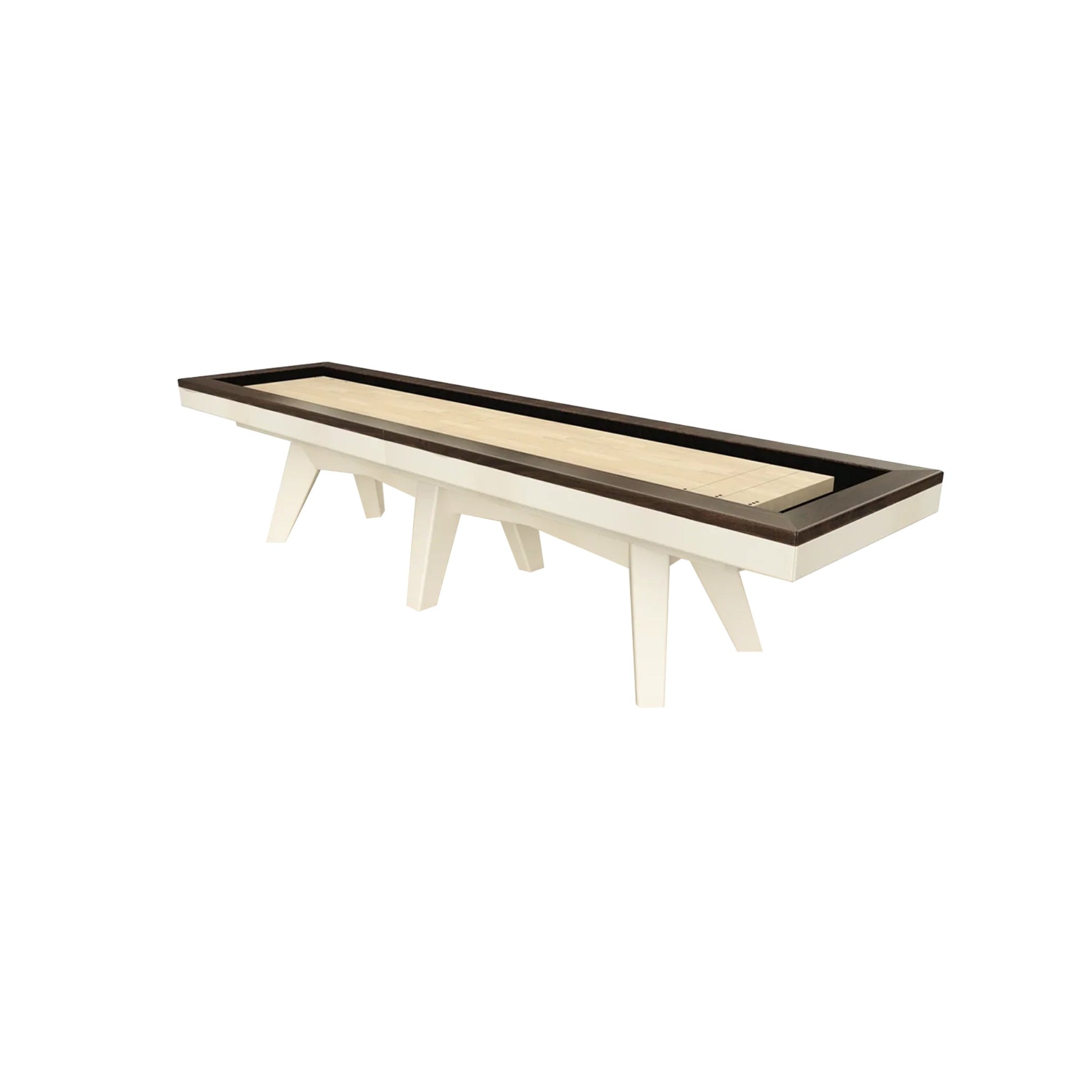 Luxx Duo Shuffleboard Table with two-tone white birch and walnut finish in a modern game room setting