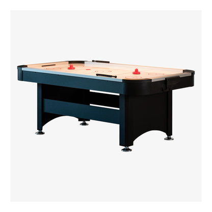 A three-quarter angle shot of the Master Speed air hockey table, highlighting its sleek contemporary design and the dual abacus scorers at one end.