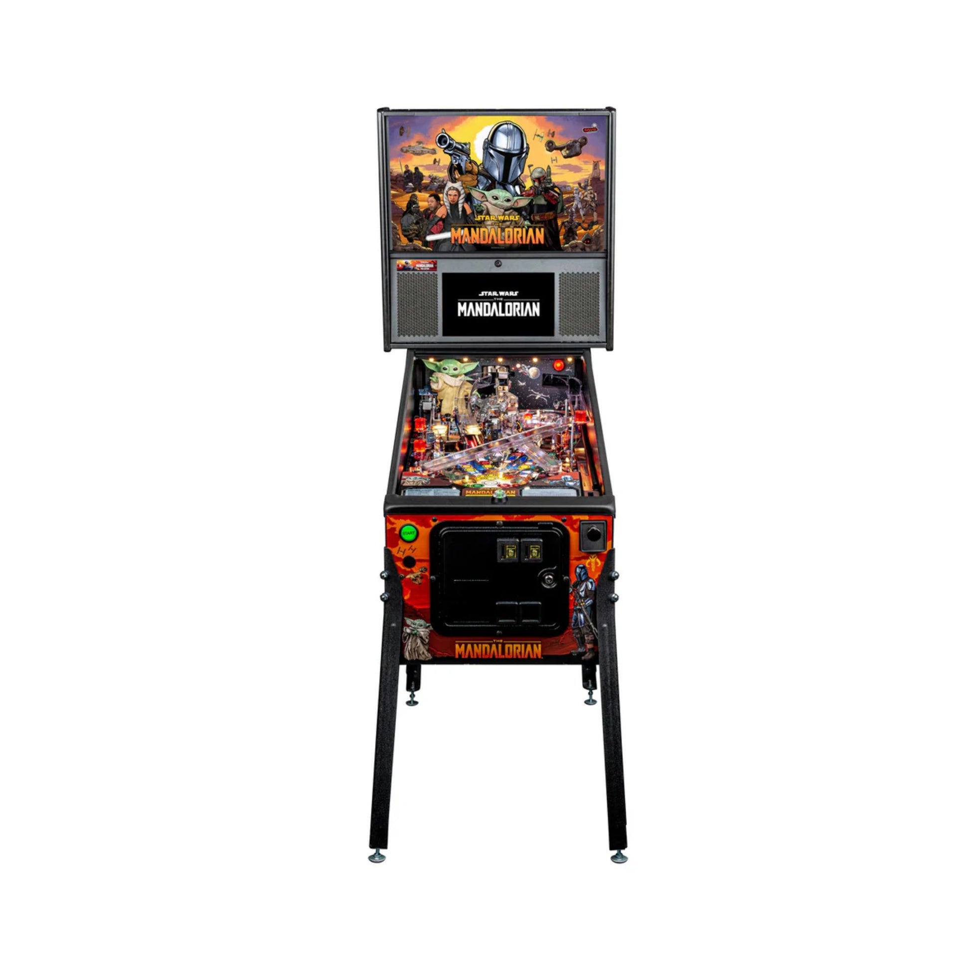 Pinball machine themed after The Mandalorian with colorful artwork on the top.