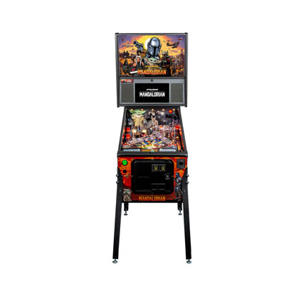 Pinball machine themed after The Mandalorian with colorful artwork on the top.